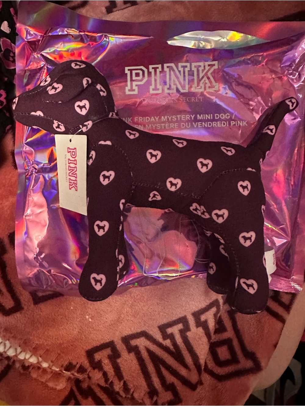 PINK Victoria's Secret Pink Friday mystery maroonPlush Dog with Pink Heart Print